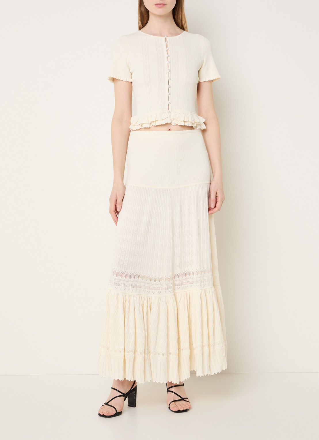 Sandro Fijngebreide crop top met ruches - voorkant 3 gebroken wit
