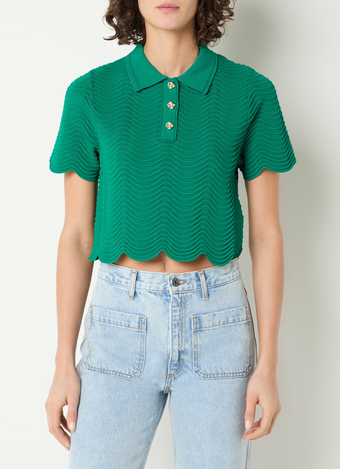 Sandro Fijngebreide crop top met structuur - detail groen