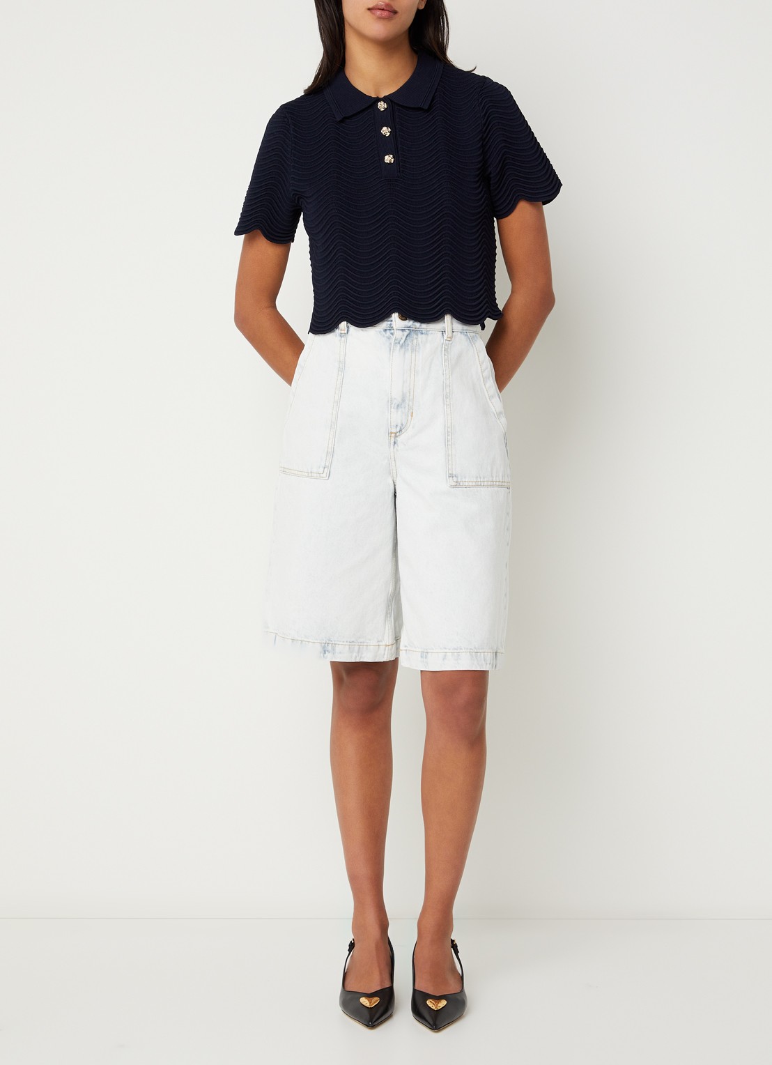 Sandro Fijngebreide crop top met structuur - voorkant 4 donkerblauw