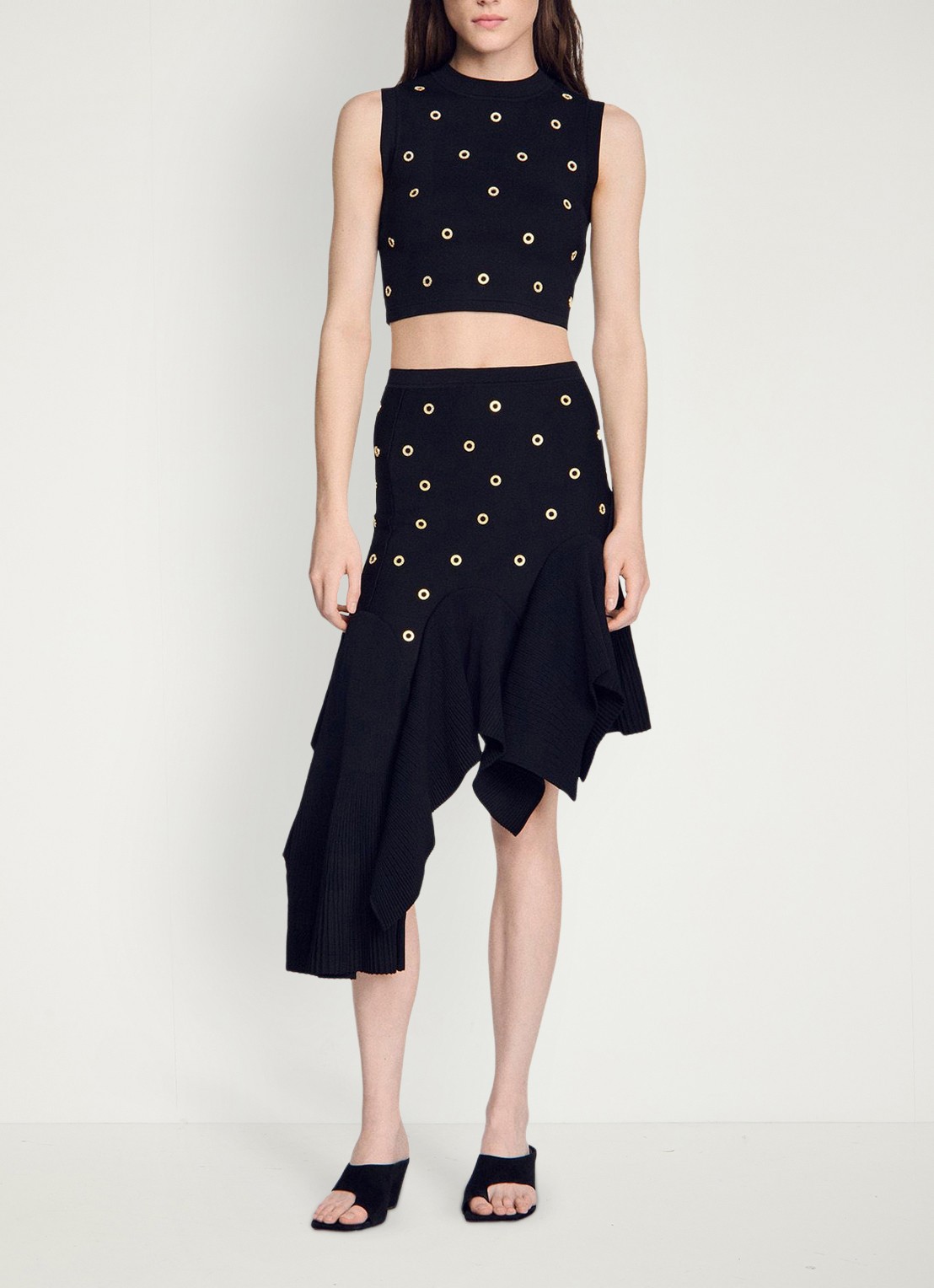 Sandro Fijngebreide crop top met studs - voorkant 6 zwart