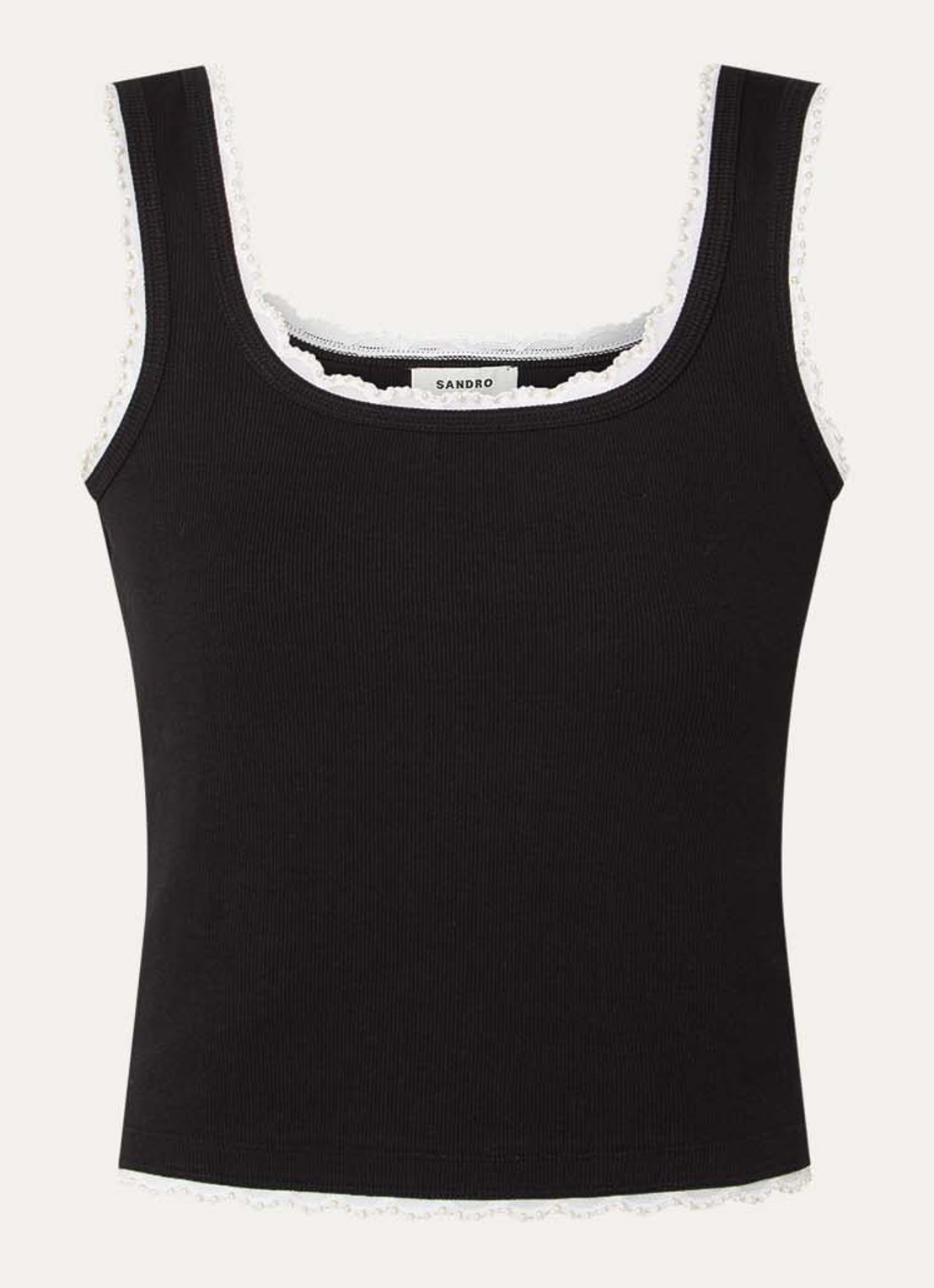 Sandro Fijngebreide tanktop met details van kant - voorkant 2 zwart