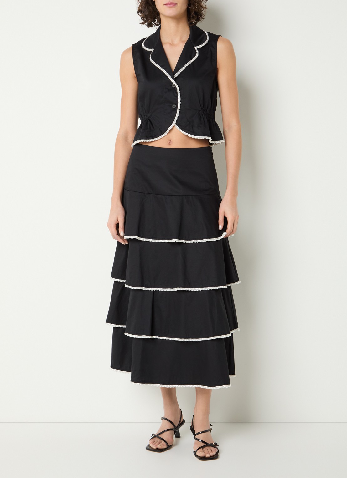 Sandro Gelaagde midi rok met imitatieparels en strass - voorkant 2 zwart