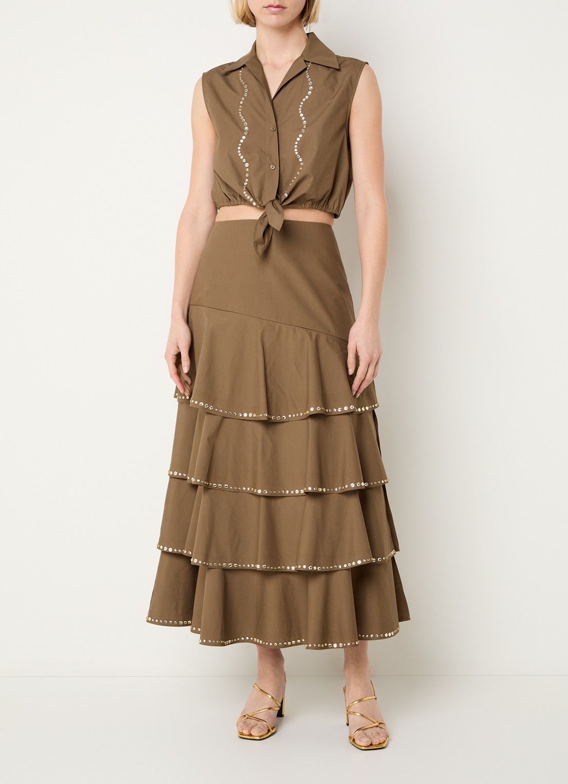 Sandro Gelaagde midi rok met strass - voorkant 2 bruin