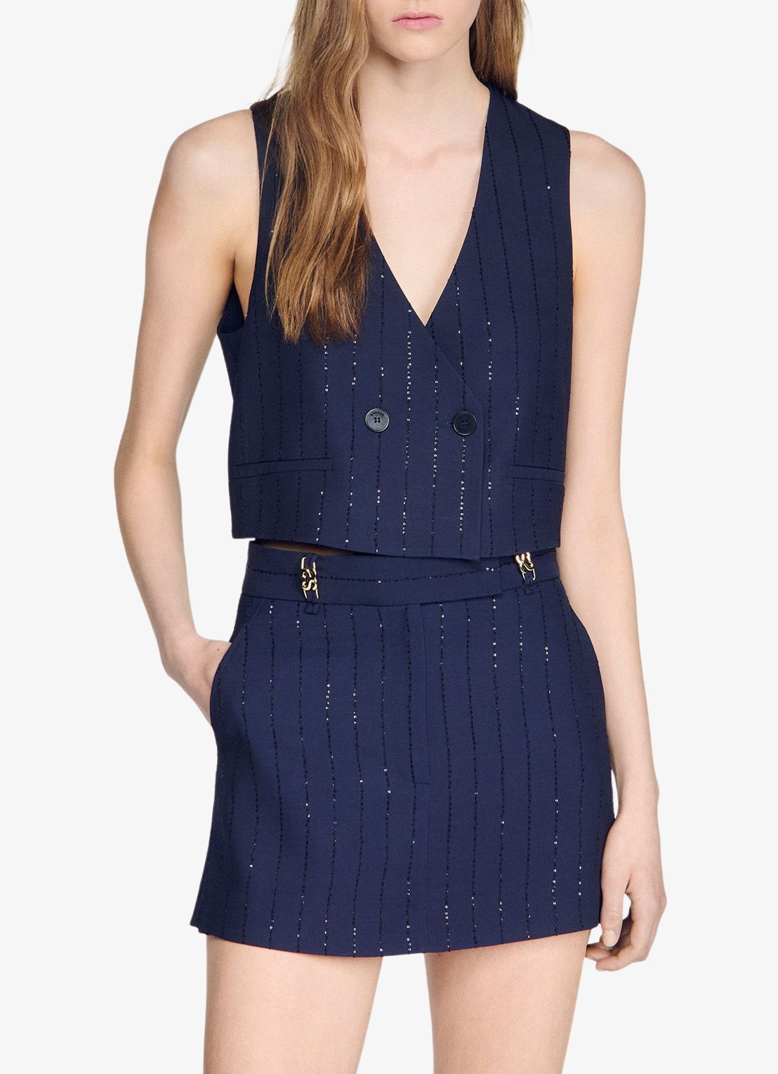 Sandro Gilet met gestreept detail en V-hals - detail 3 dark navy / blauw