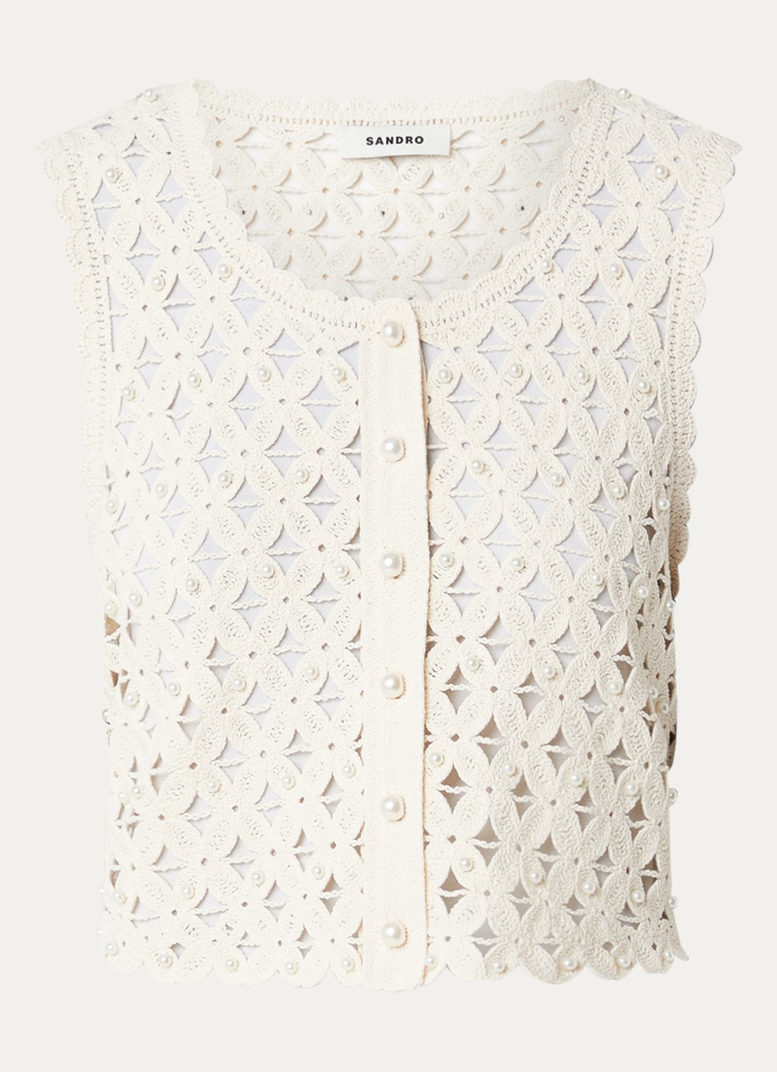 Sandro Gilet met opengewerkt dessin en imitatieparels - voorkant 3 beige