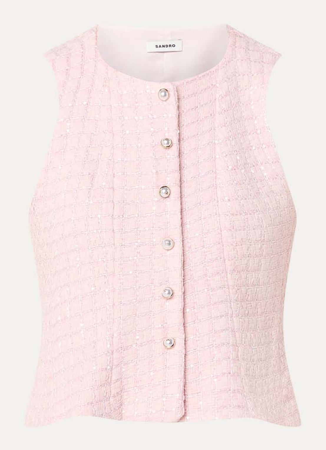 Sandro Gilet met tweed-look en pailletten - voorkant zalmroze