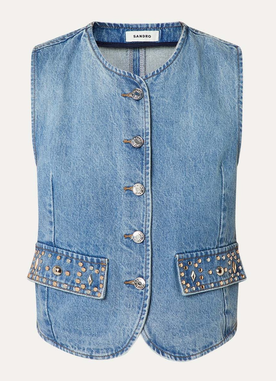 Sandro Gilet van denim met studs - voorkant 3 indigo