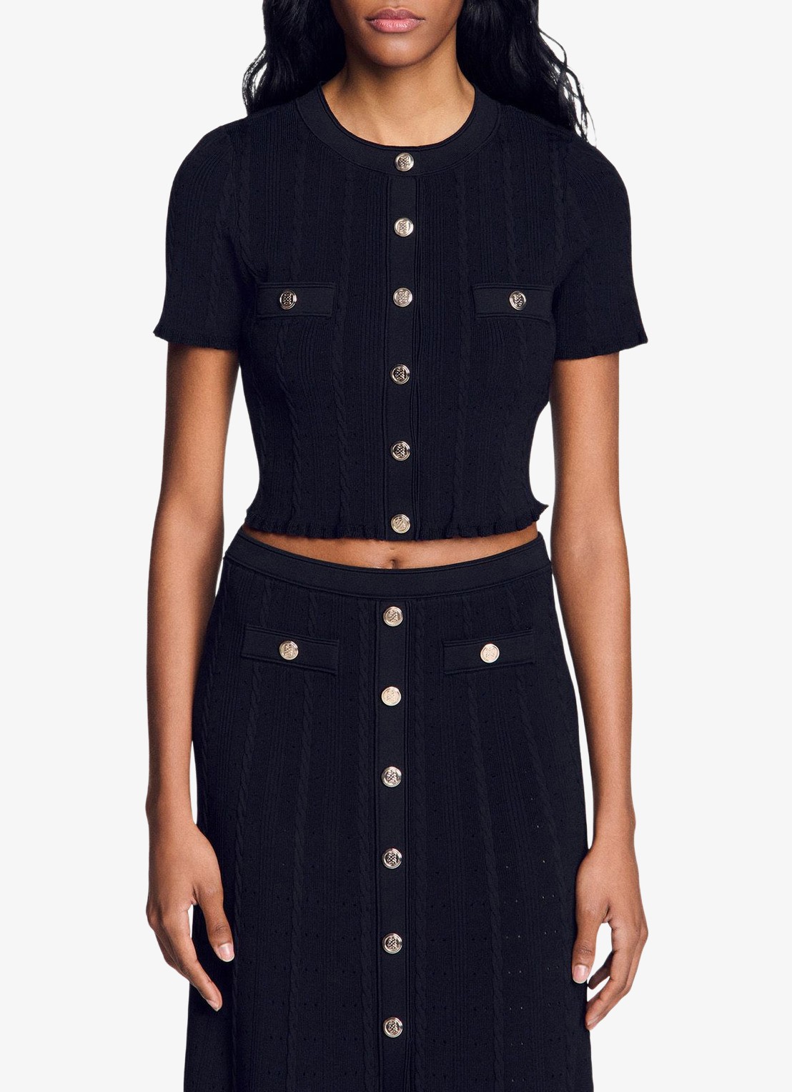 Sandro Grofgebreide blouse met borstzak - detail 3 zwart
