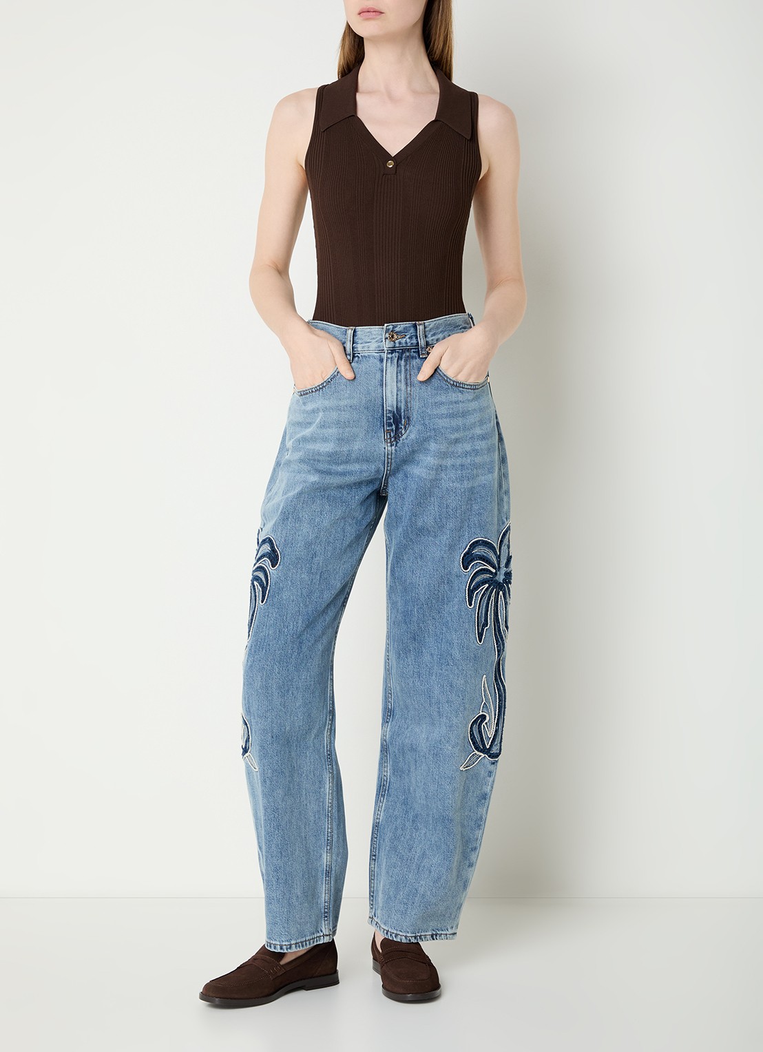 Sandro High waist balloon fit jeans met palmboom - voorkant 5 blauw