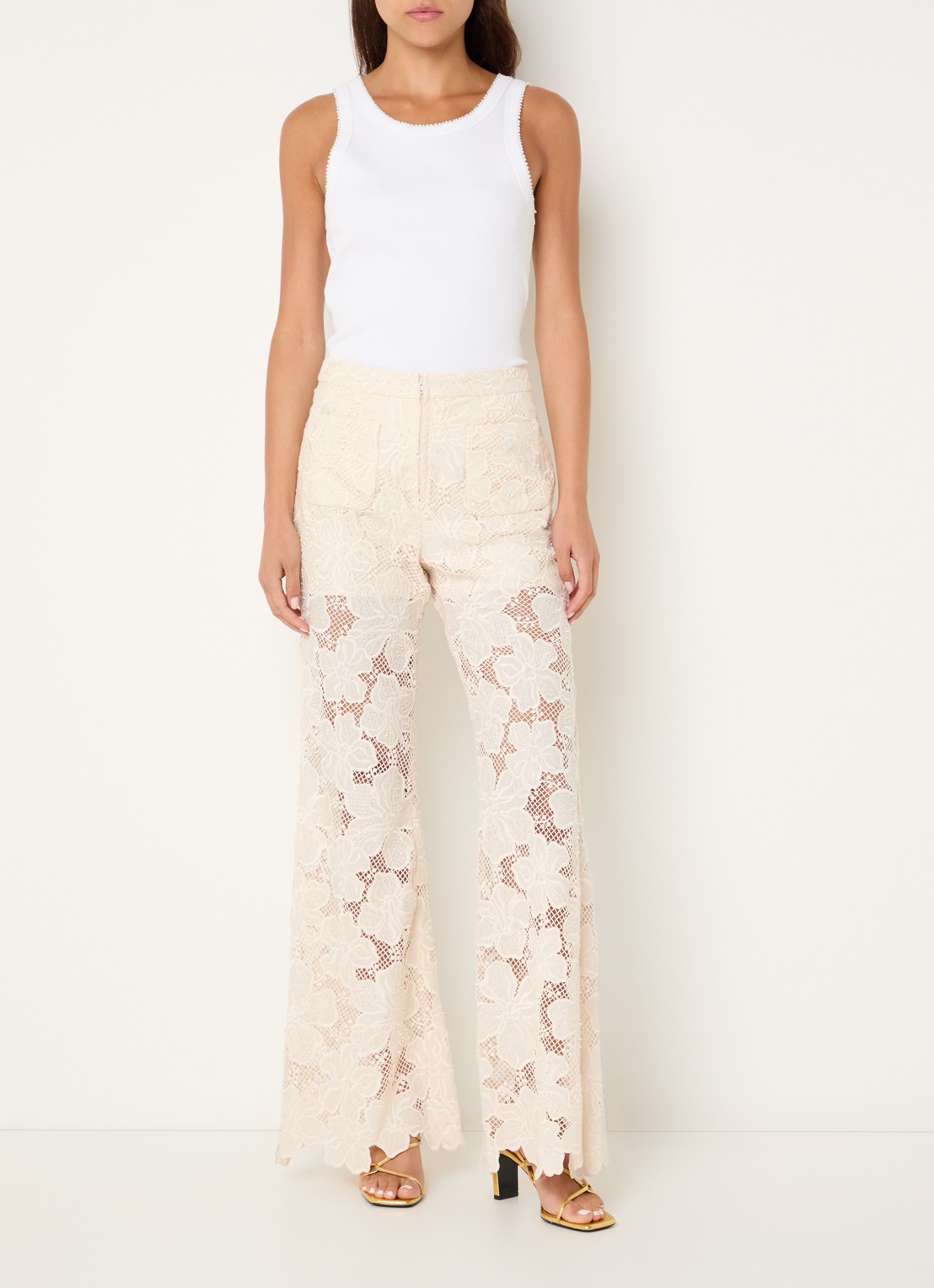 Sandro High waist flared fit broek met broderie - voorkant 3 beige
