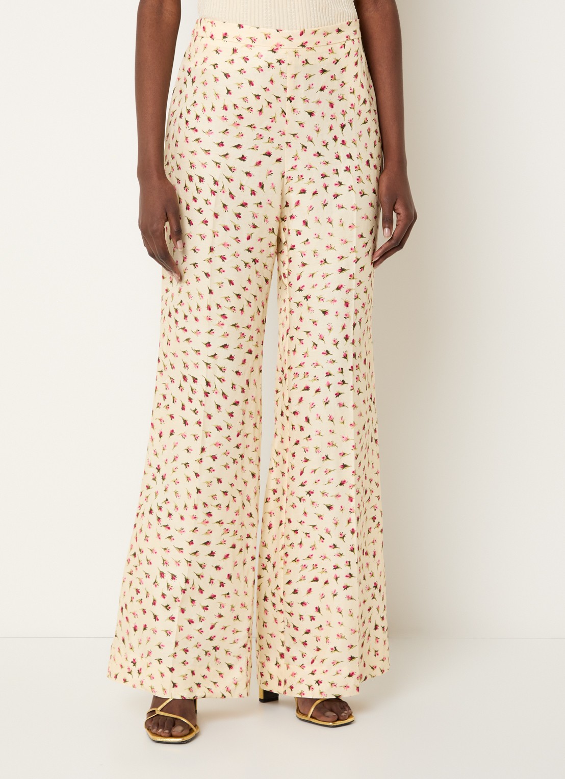 Sandro High waist flared fit pantalon in linnenblend met bloemenprint - detail 4 lichtgeel