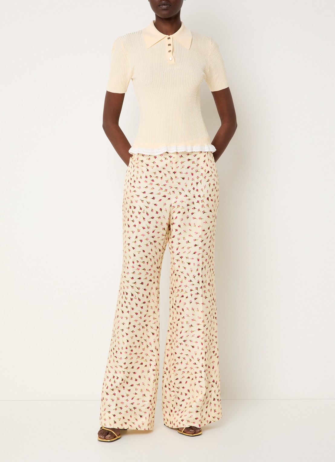 Sandro High waist flared fit pantalon in linnenblend met bloemenprint - voorkant 3 lichtgeel
