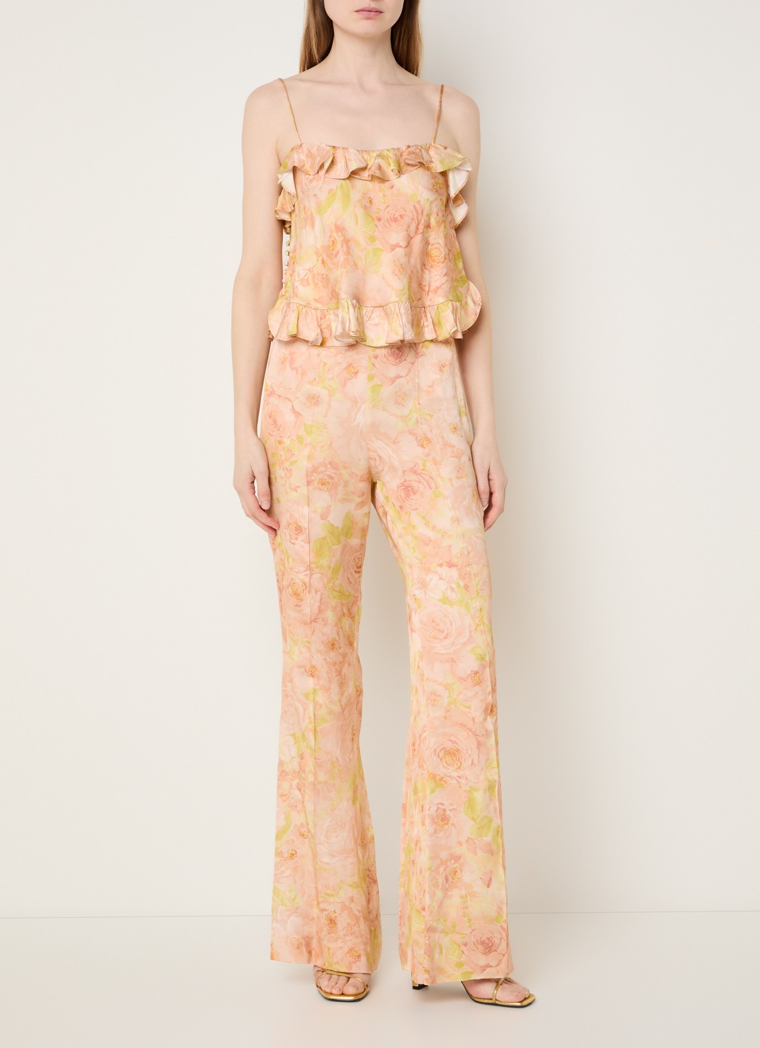 Sandro High waist flared fit pantalon met bloemenprint - voorkant 2 zalmroze