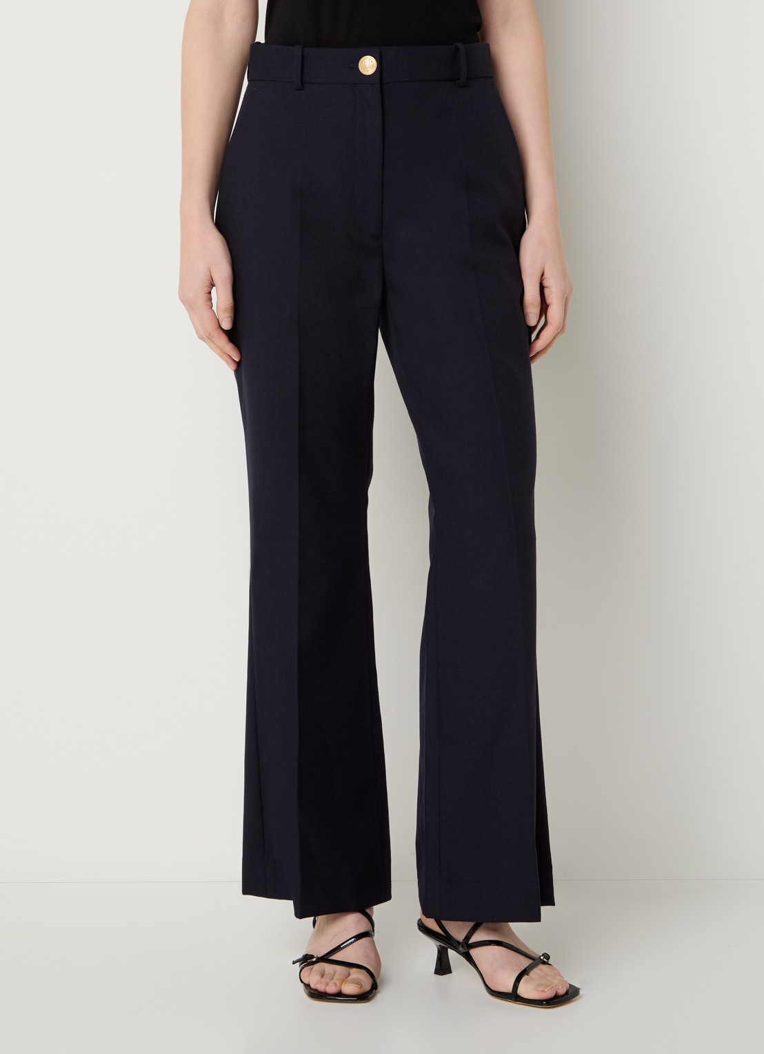 Sandro High waist flared fit pantalon van scheerwol met steekzakken - detail 4 donkerblauw