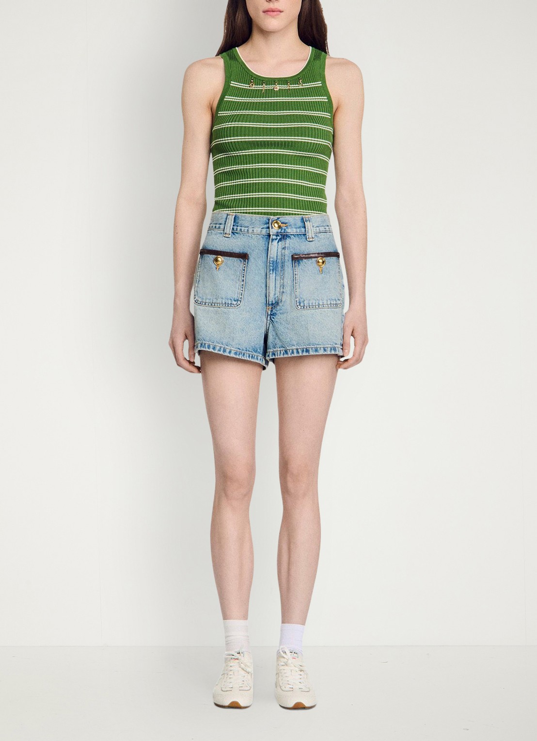 Sandro High waist korte breoek van denim met opgestikte zakken - detail 4 blue jean / blauw