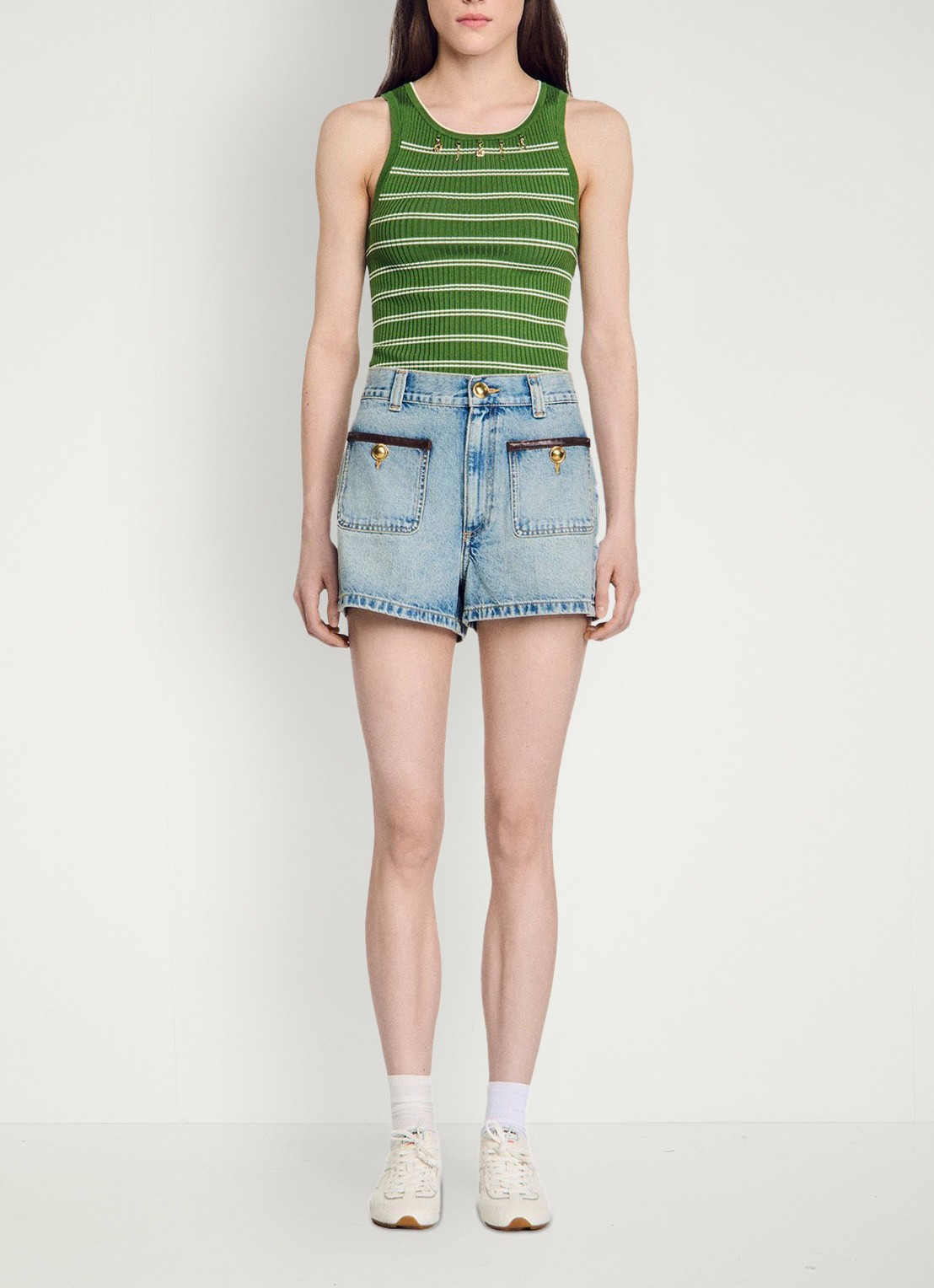 Sandro High waist korte breoek van denim met opgestikte zakken - detail 6 blue jean / blauw