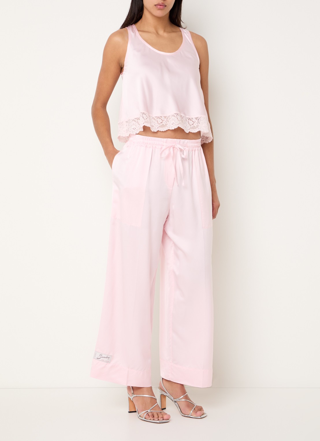 Sandro High waist loose fit broek van satijn met koord - voorkant 3 lichtroze