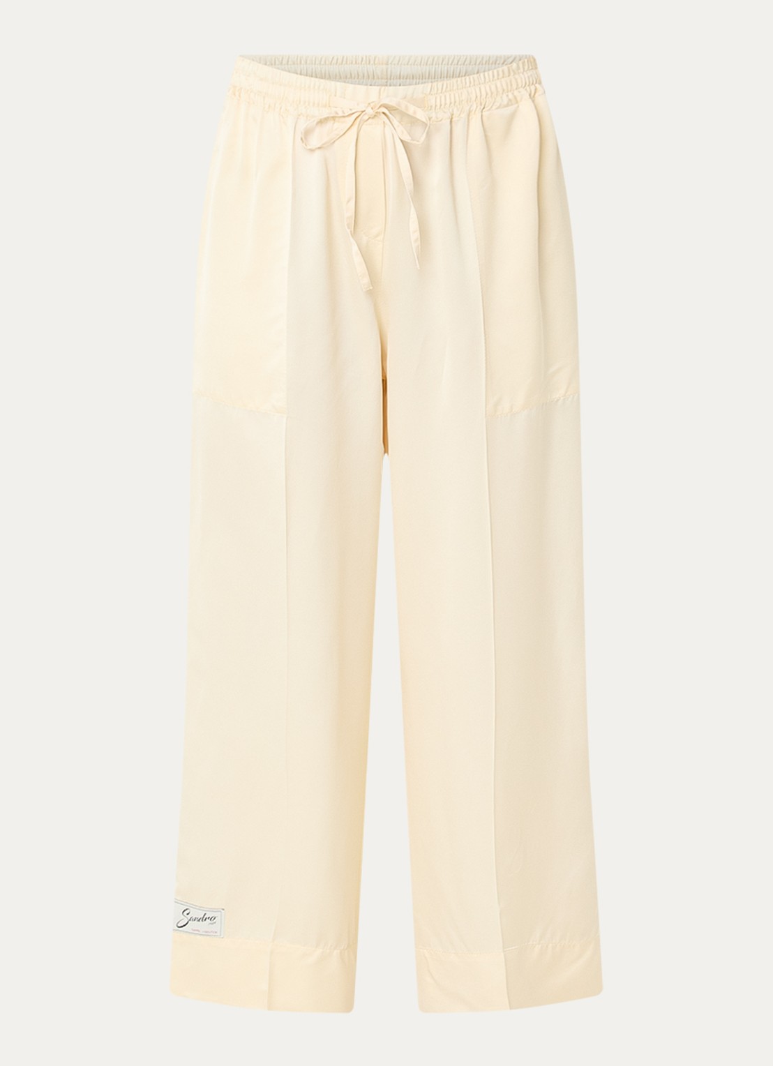Sandro High waist loose fit broek van satijn met koord - voorkant lichtgeel