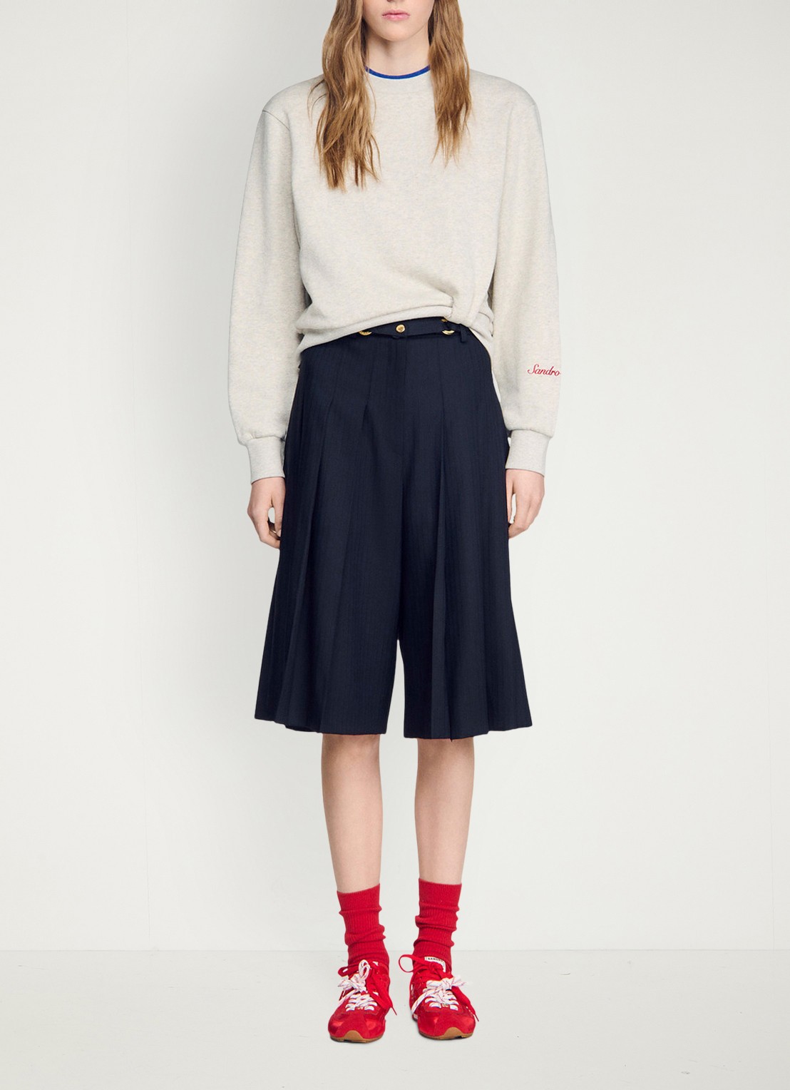 Sandro High waist loose fit korte broek met plooien en afneembare riem - detail 3 donkerblauw