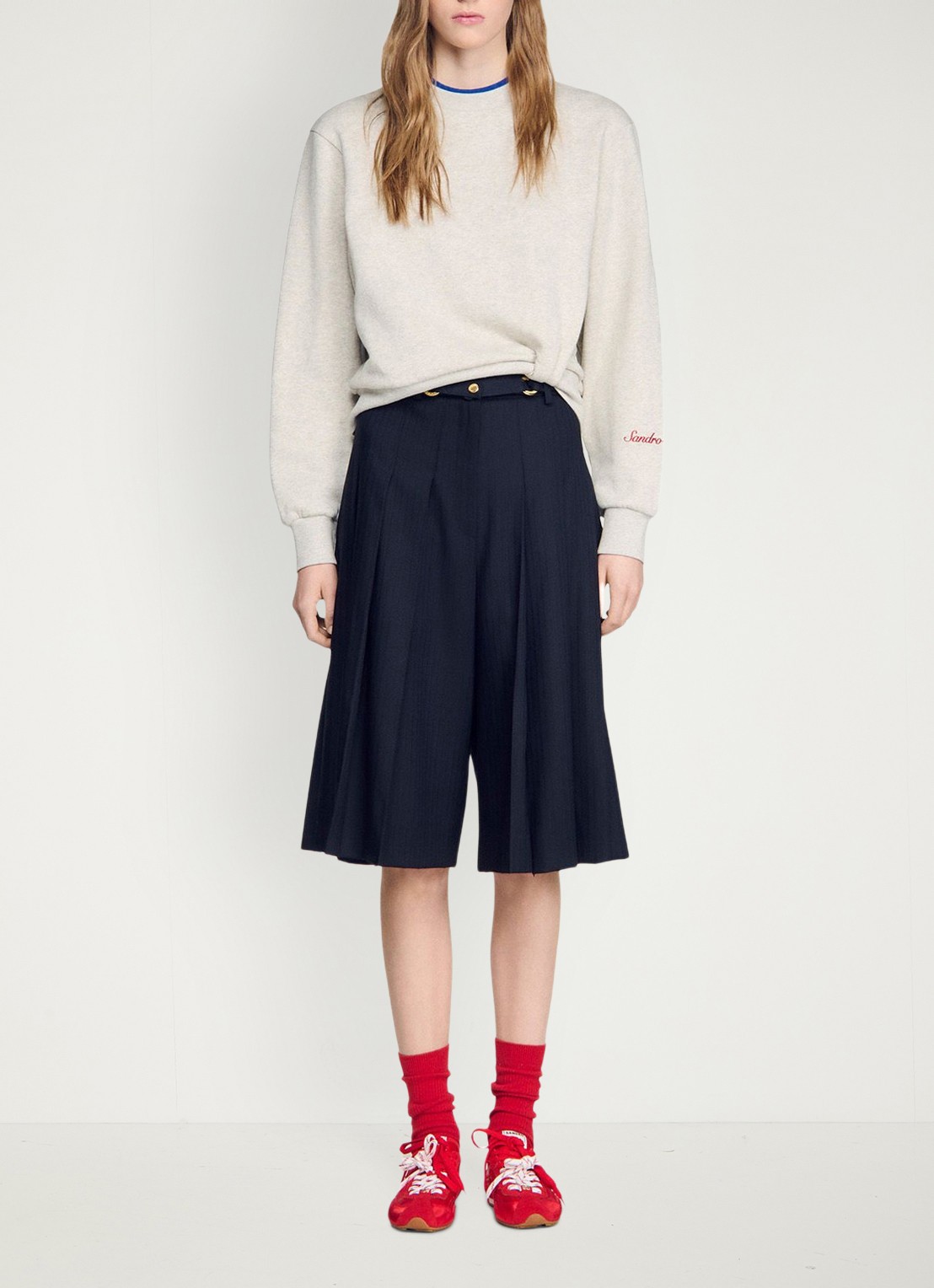 Sandro High waist loose fit korte broek met plooien en afneembare riem - detail 6 donkerblauw