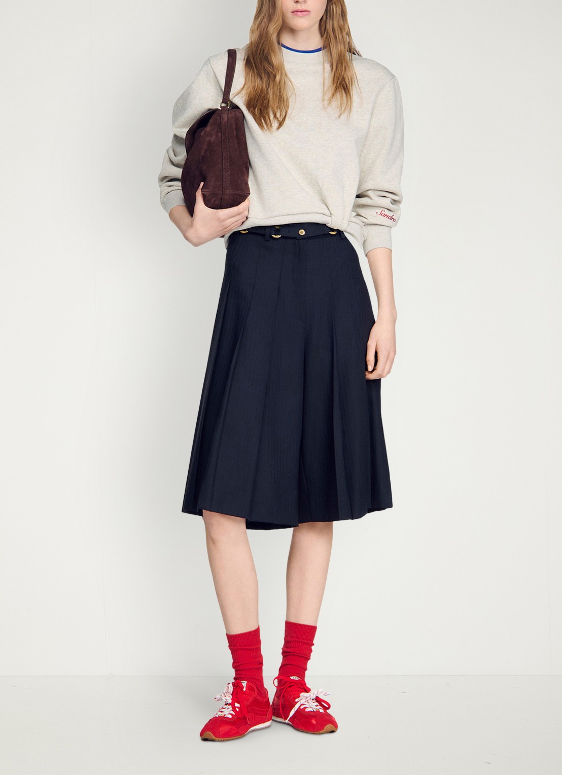 Sandro High waist loose fit korte broek met plooien en afneembare riem - voorkant 8 donkerblauw