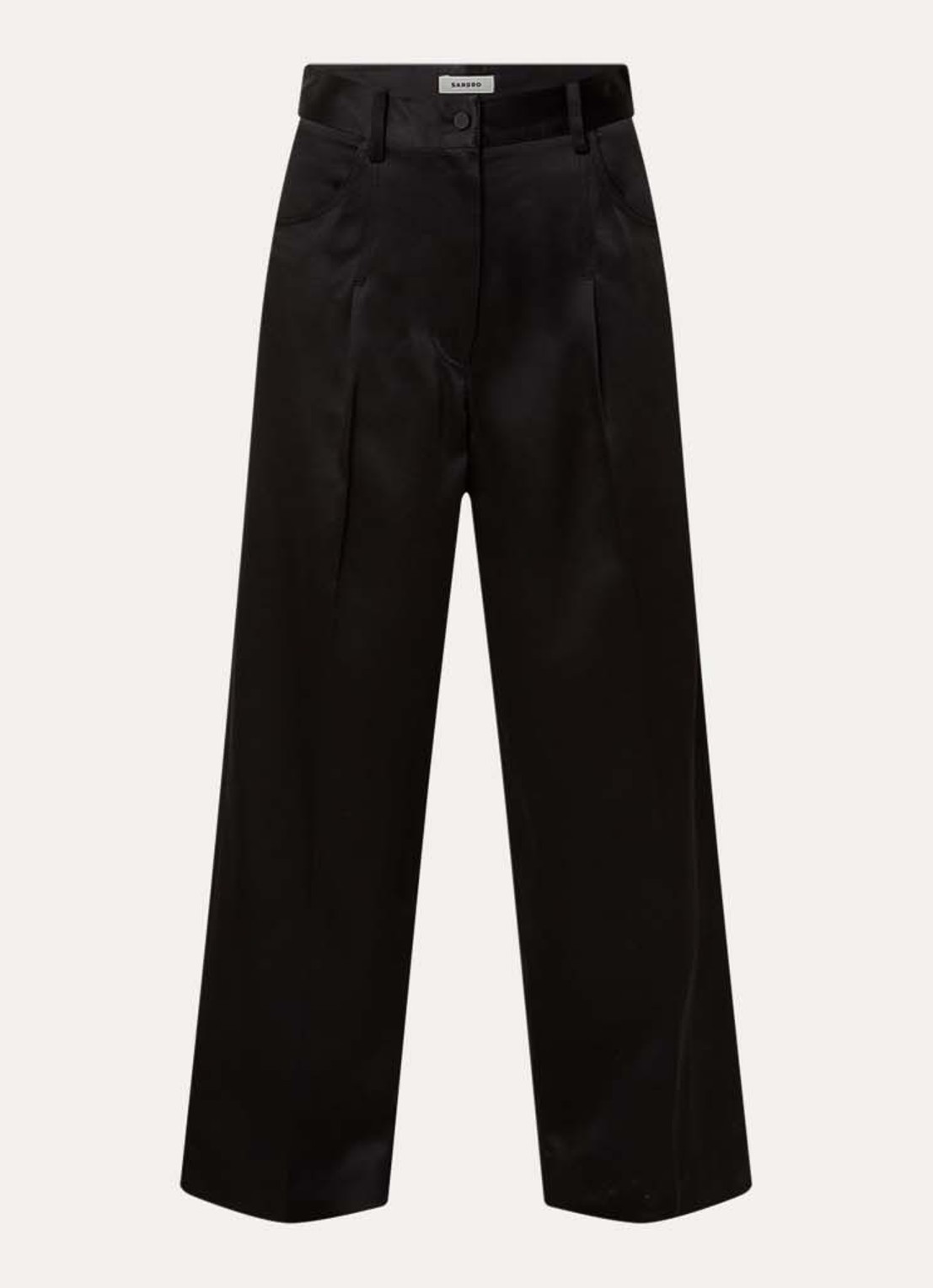 Sandro High waist loose fit pantalon van satijn met steekzakken - voorkant zwart