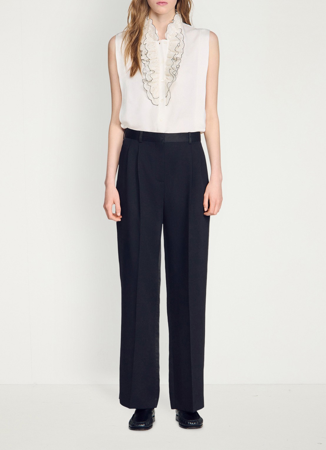 Sandro High waist loose fit pantalon van satijn - detail 5 zwart