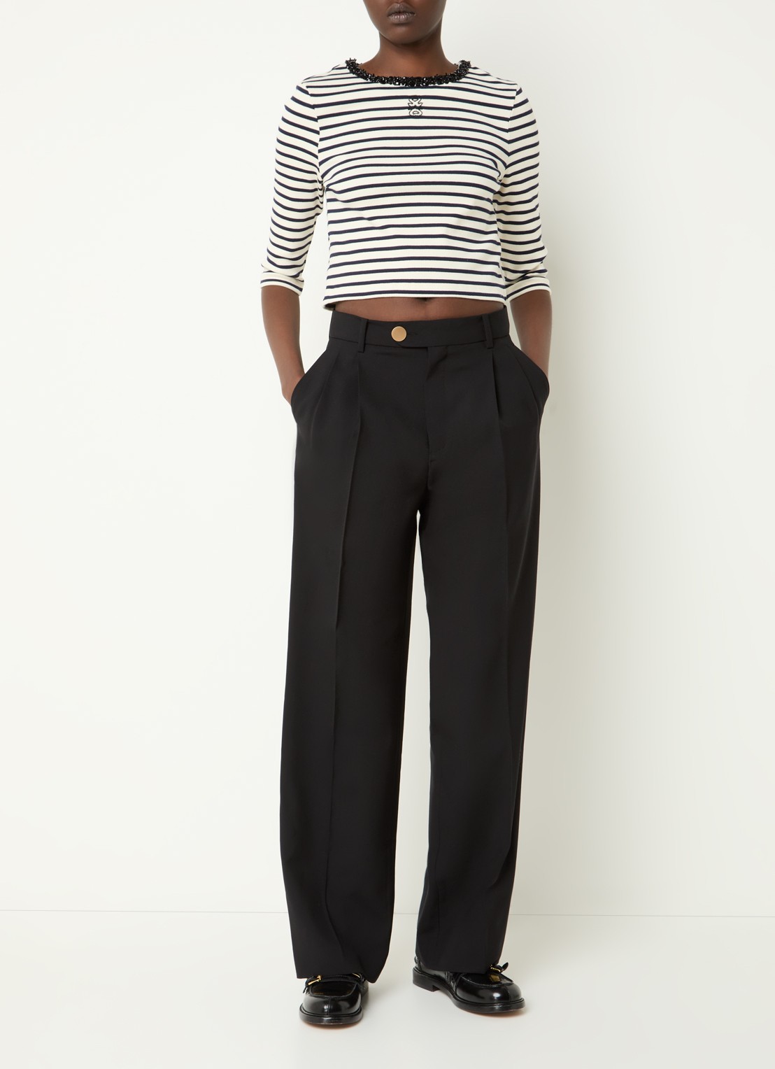 Sandro High waist loose fit pantalon van wol met persplooi - voorkant 2 zwart