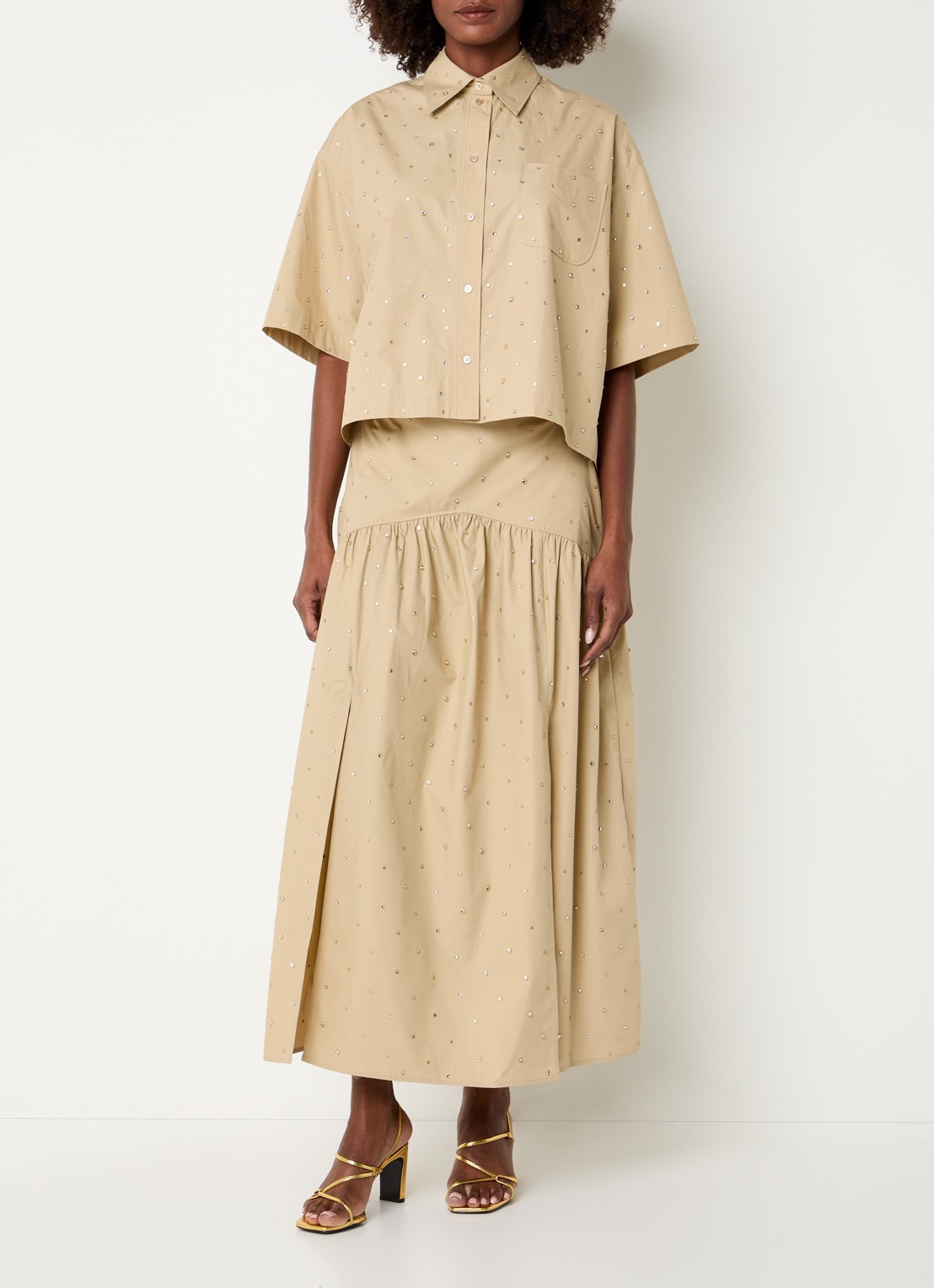 Sandro High waist maxi rok met studs - voorkant 2 beige