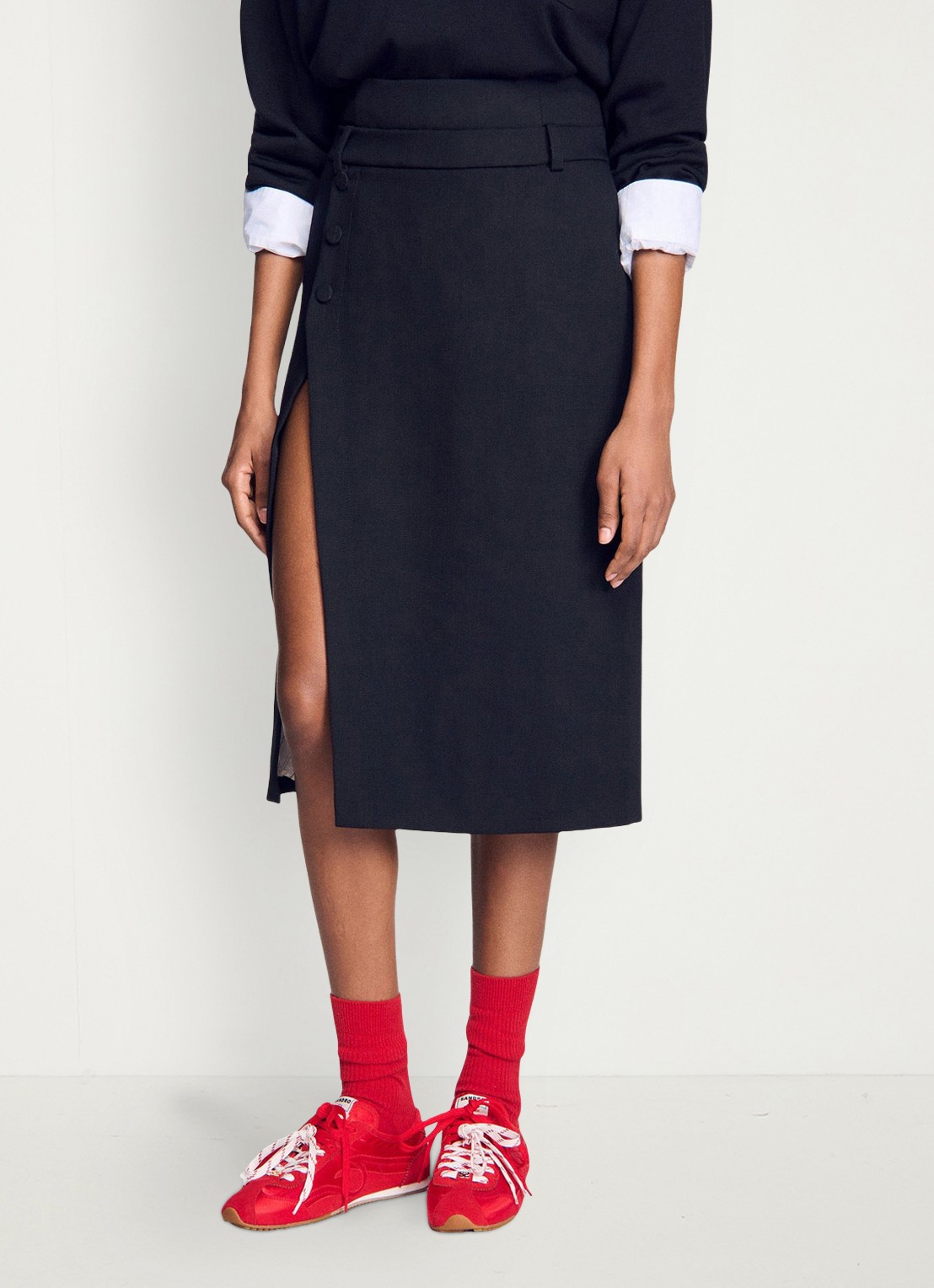 Sandro High waist midi rok van wol met split - detail 2 zwart