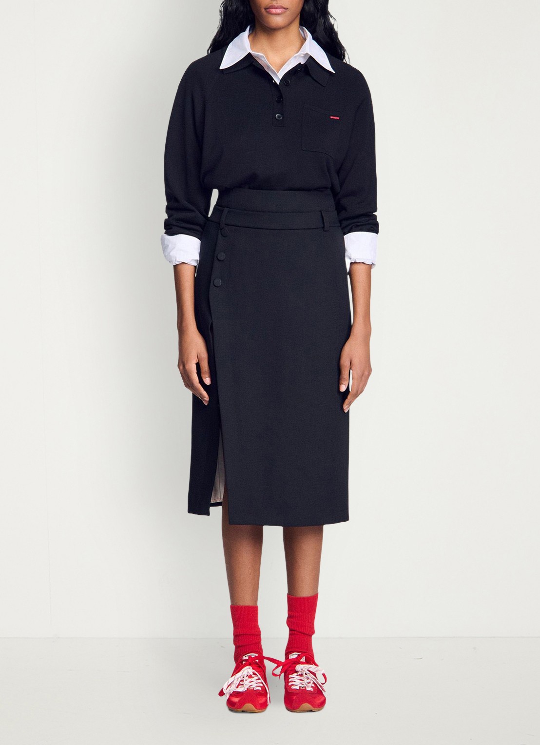 Sandro High waist midi rok van wol met split - detail 3 zwart