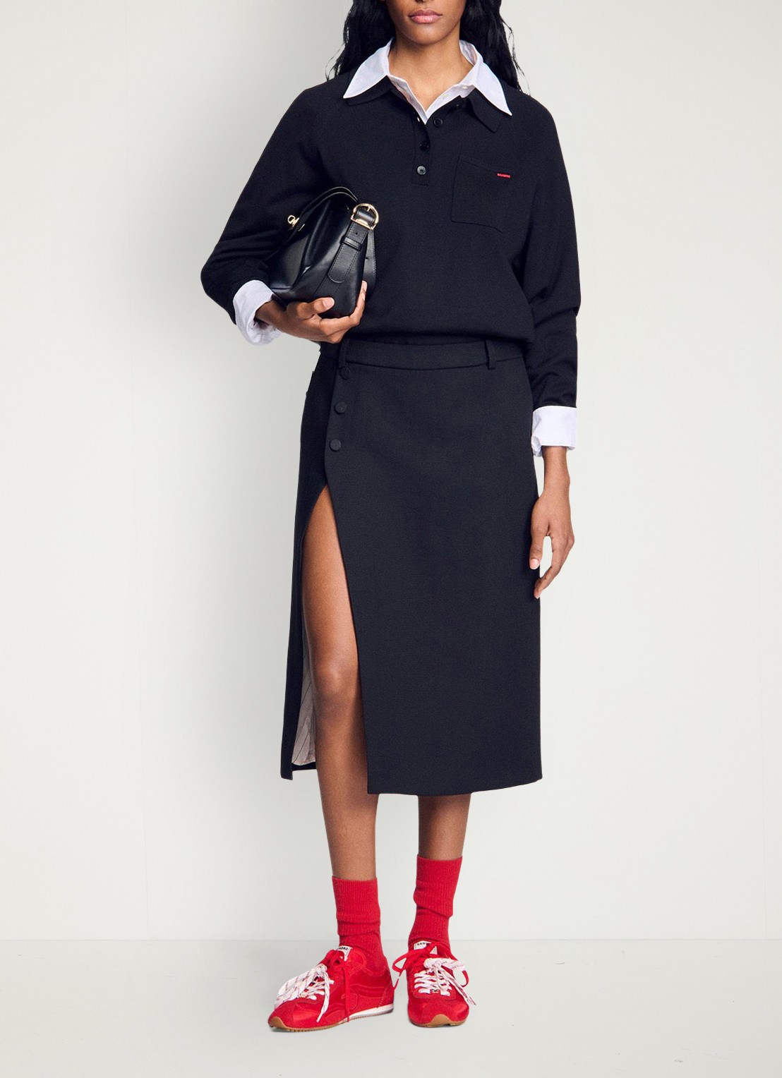 Sandro High waist midi rok van wol met split - voorkant 6 zwart