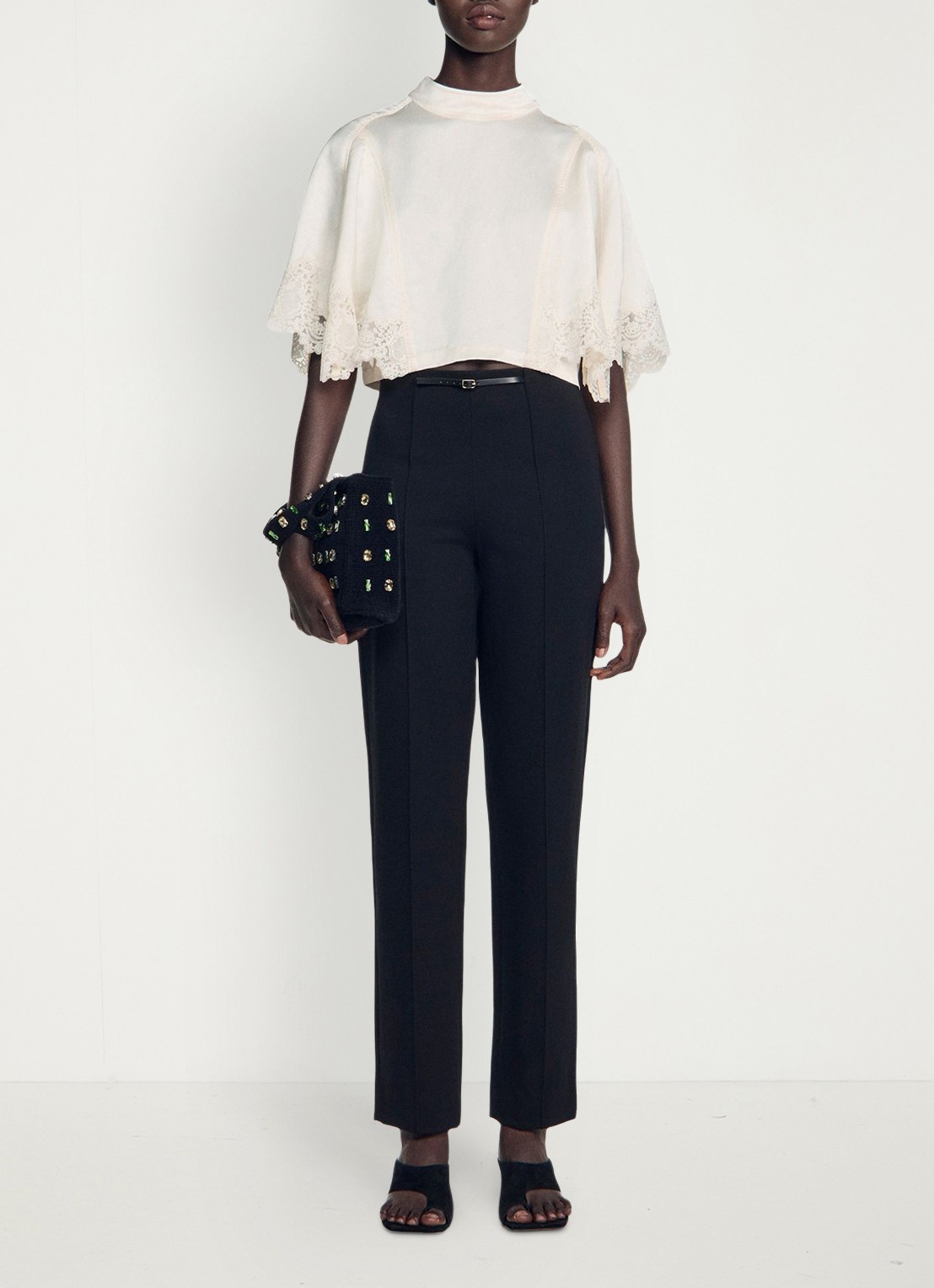 Sandro High waist straight fit broek met ritszakken - voorkant 5 zwart