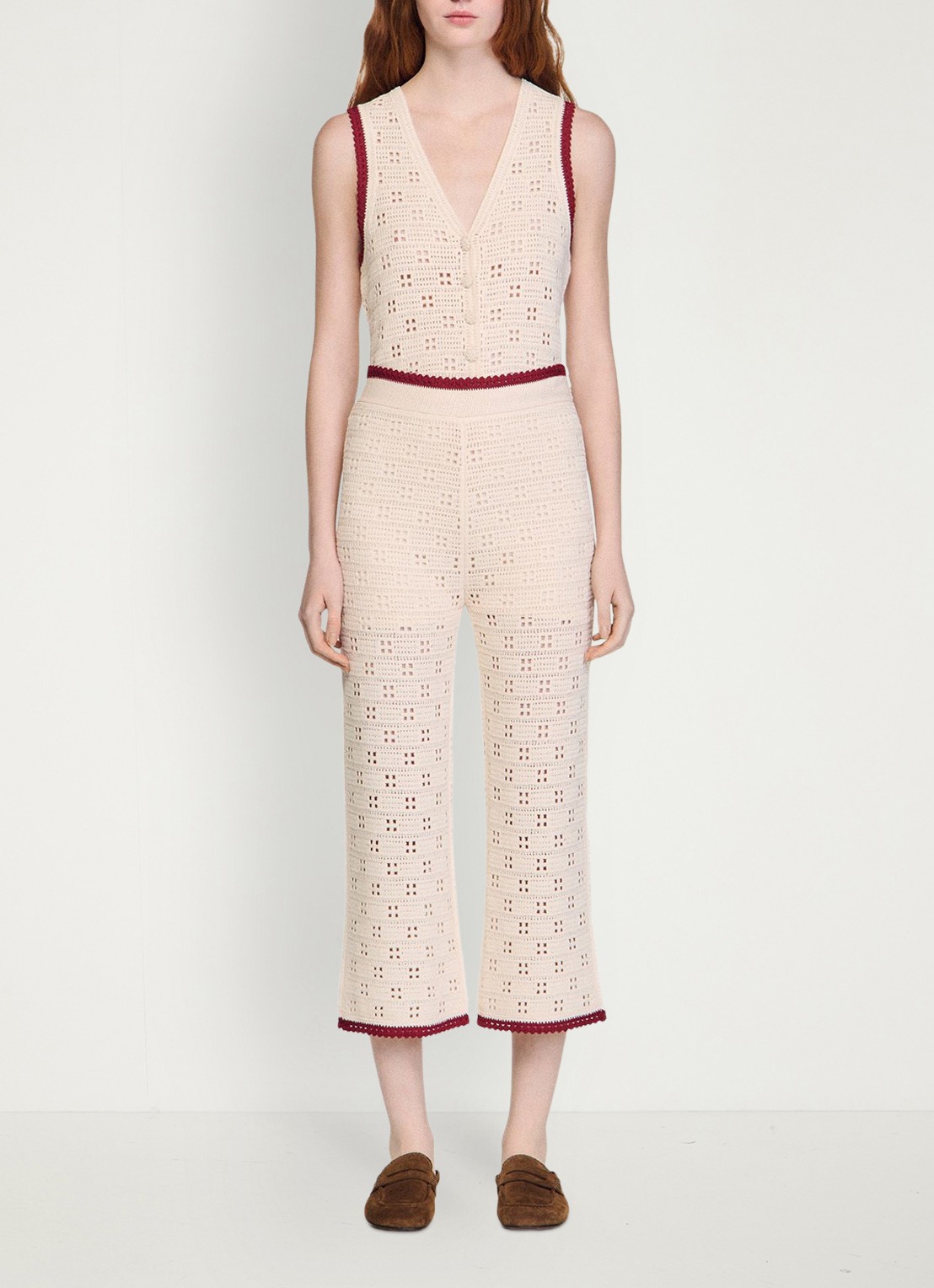 Sandro High waist straight fit broek van crochet - detail 2 beige