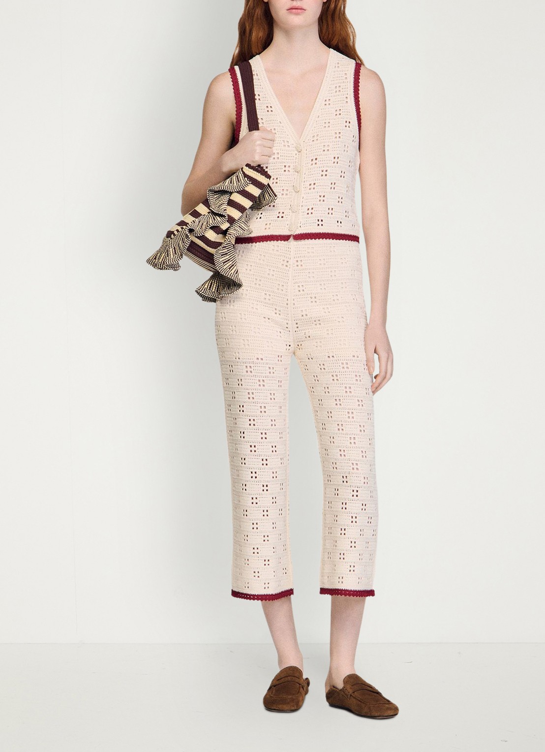 Sandro High waist straight fit broek van crochet - voorkant 6 beige