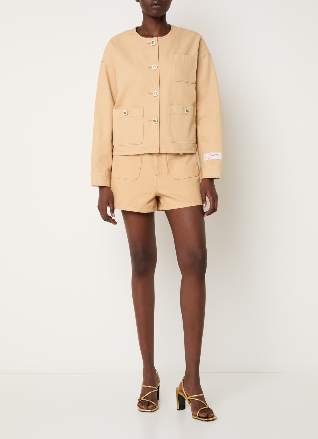 Sandro High waist straight fit korte broek met opgestikte zakken - voorkant 4 camel