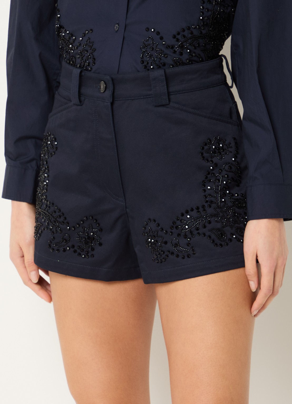 Sandro High waist straight fit korte broek met strass - detail 4 donkerblauw