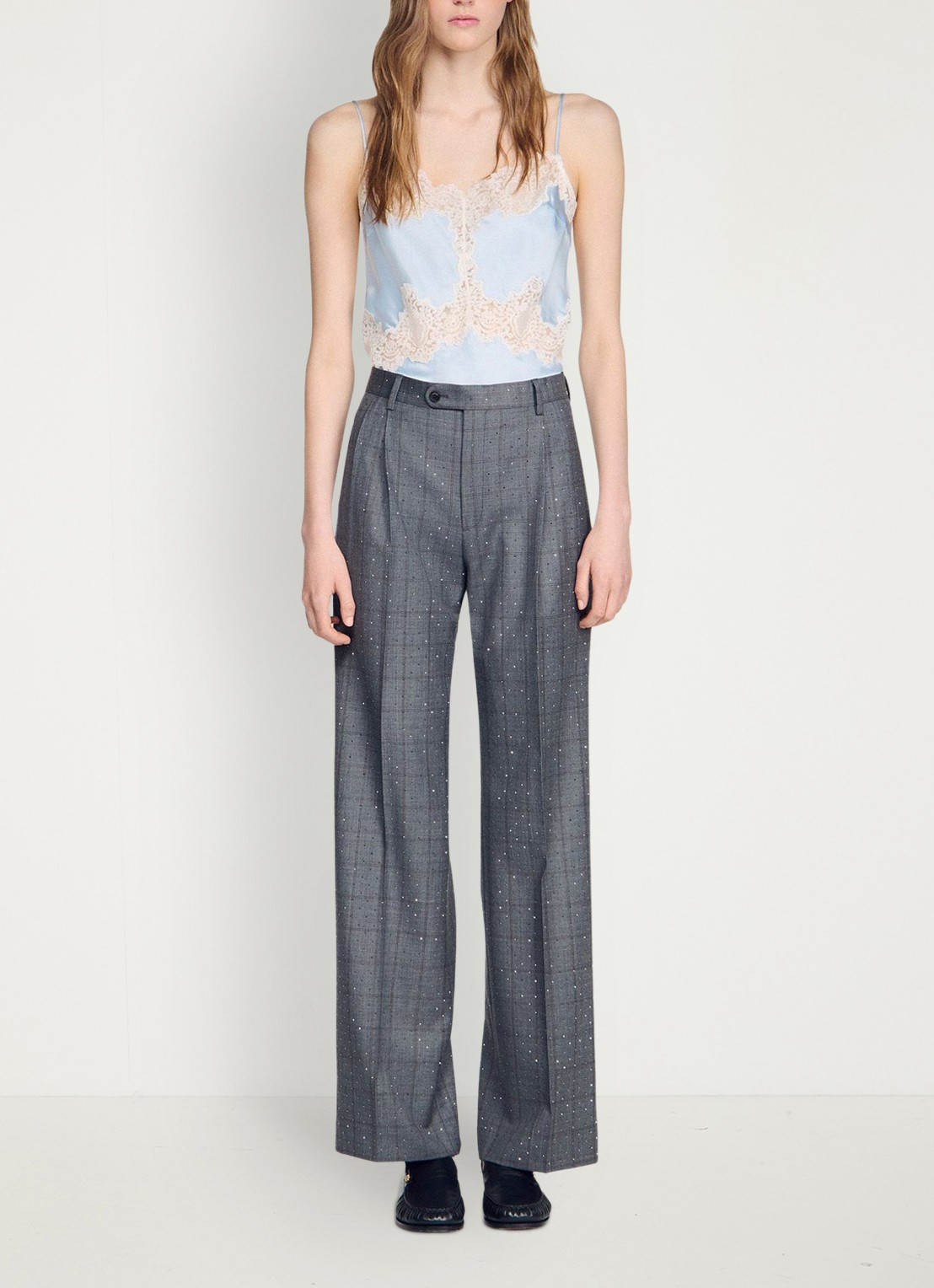 Sandro High waist straight fit pantalon met ruit dessin - detail 4 dark grey / grijs