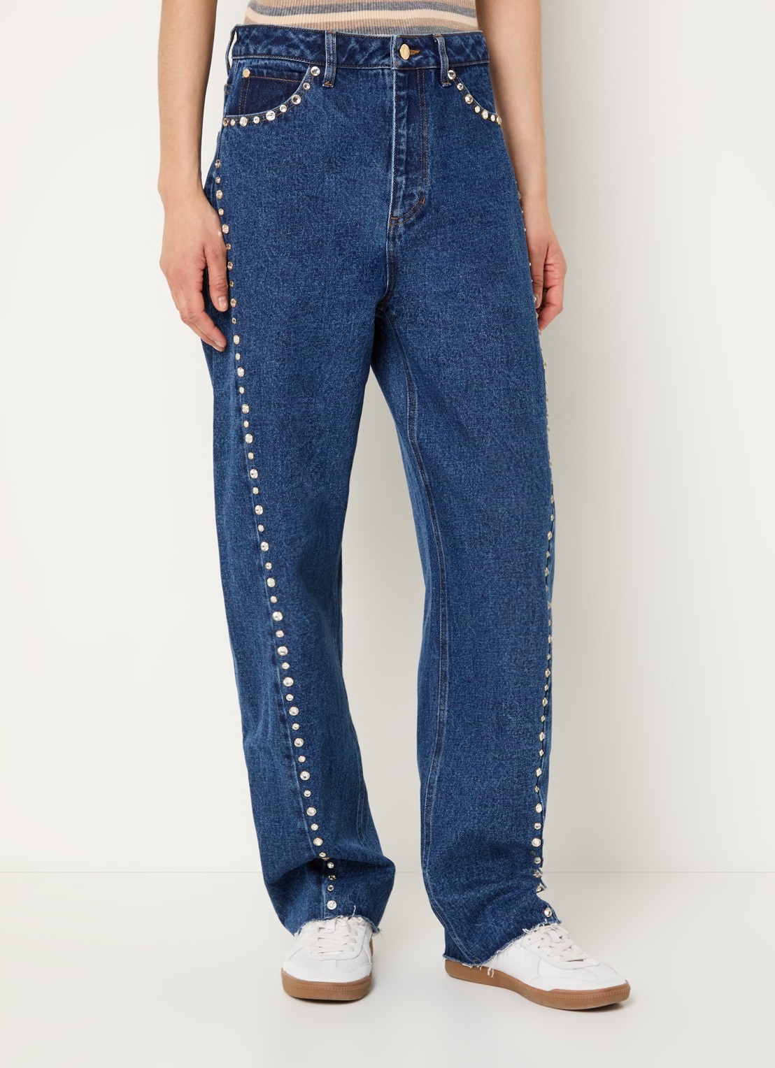 Sandro High waist straight leg jeans met donkere wassing en strass - detail 3 indigo