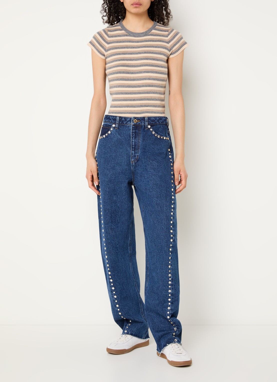Sandro High waist straight leg jeans met donkere wassing en strass - voorkant 2 indigo
