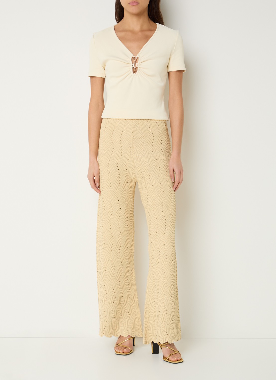 Sandro High waist wide fit broek met lurex en strass - voorkant 2 goud