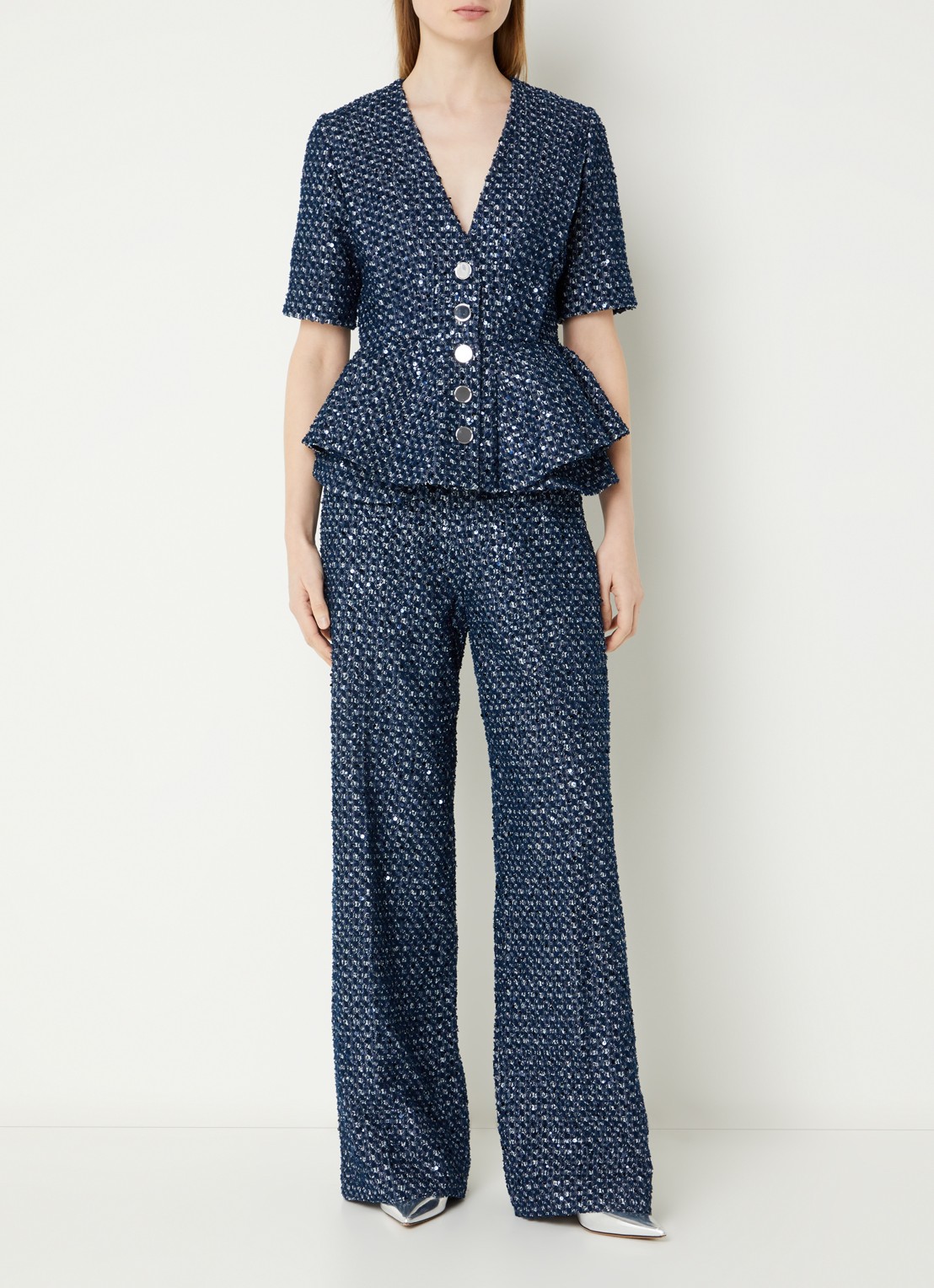 Sandro High waist wide fit broek met pailletten - voorkant 2 donkerblauw