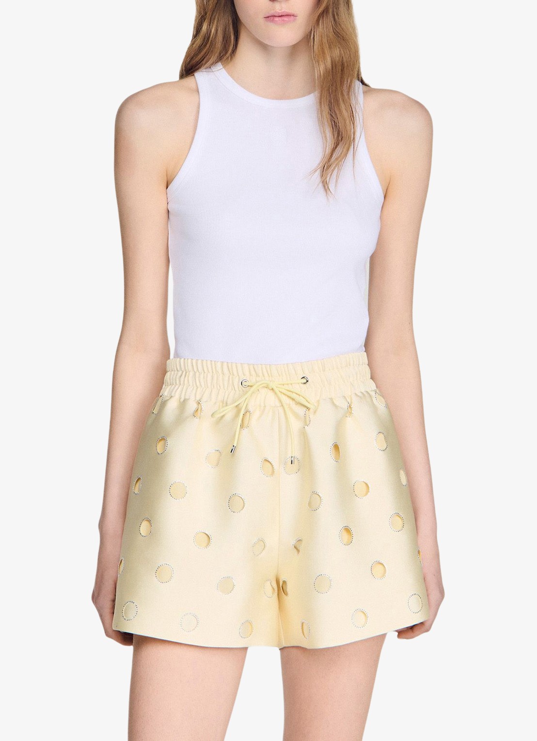 Sandro High waist wide fit korte broek met strass - detail 3 vanillegeel