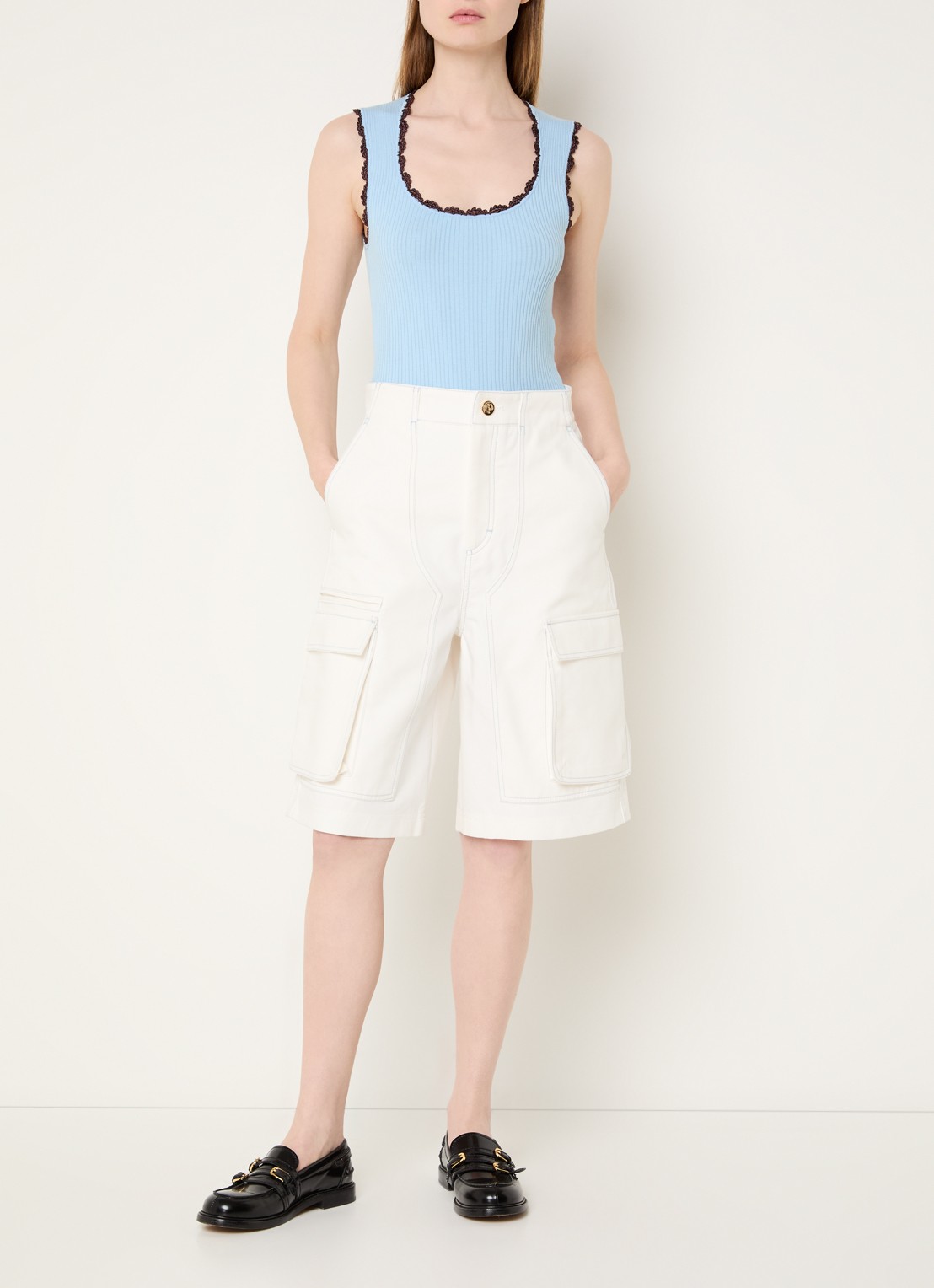 Sandro High waist wide fit korte broek van denim met gekleurde wassing - voorkant 3 wit