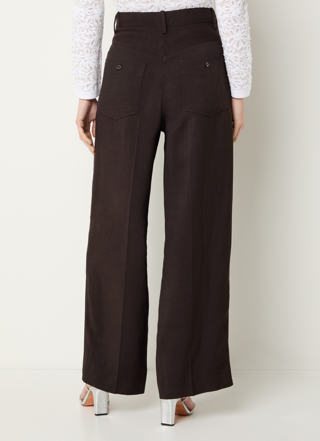 Sandro High waist wide fit pantalon in linnenblend - achterkant 4 donkerbruin