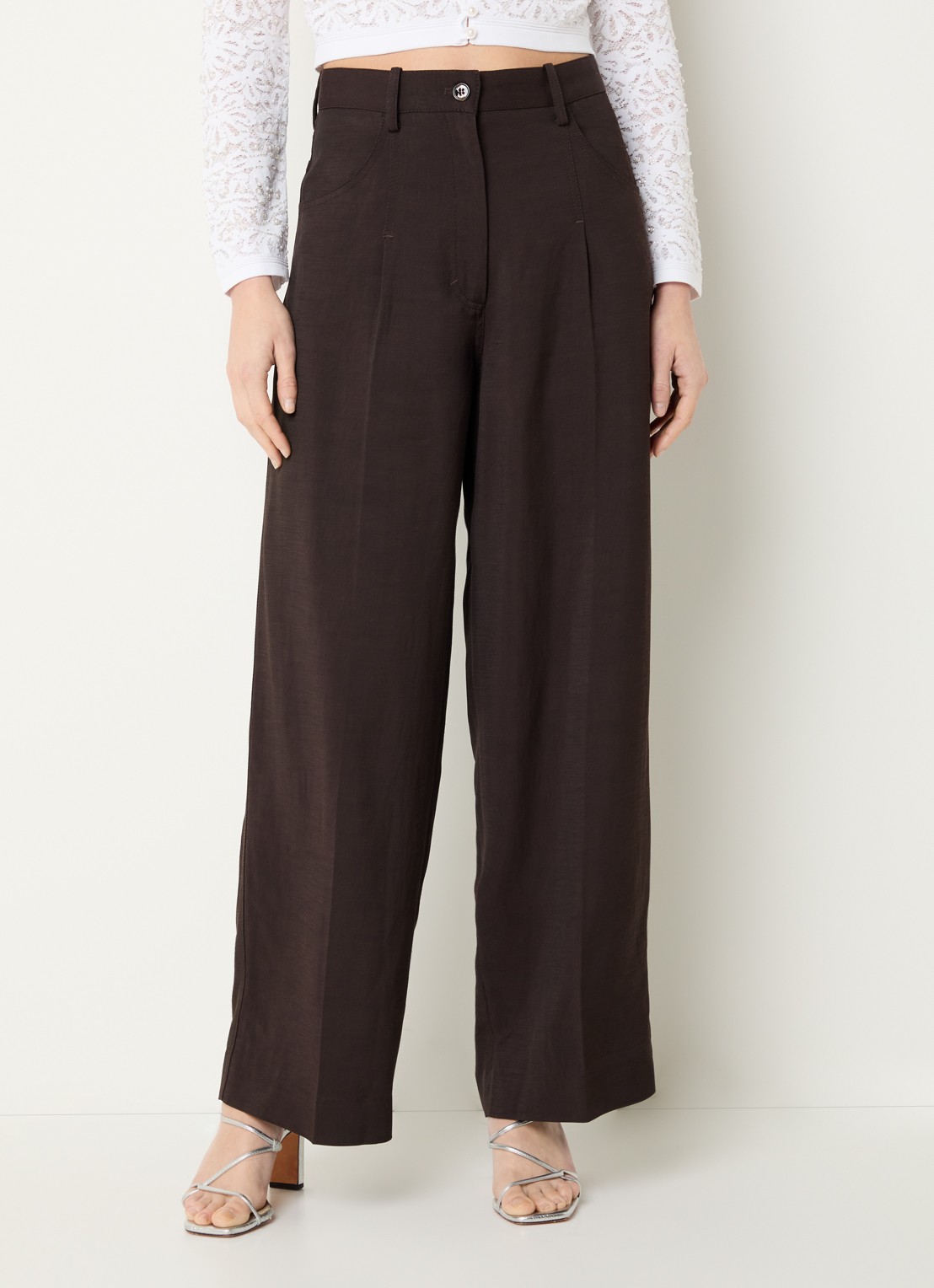 Sandro High waist wide fit pantalon in linnenblend - detail donkerbruin