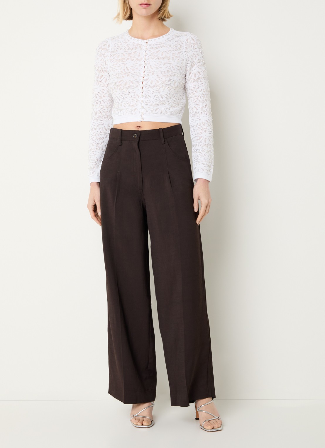 Sandro High waist wide fit pantalon in linnenblend - voorkant 3 donkerbruin