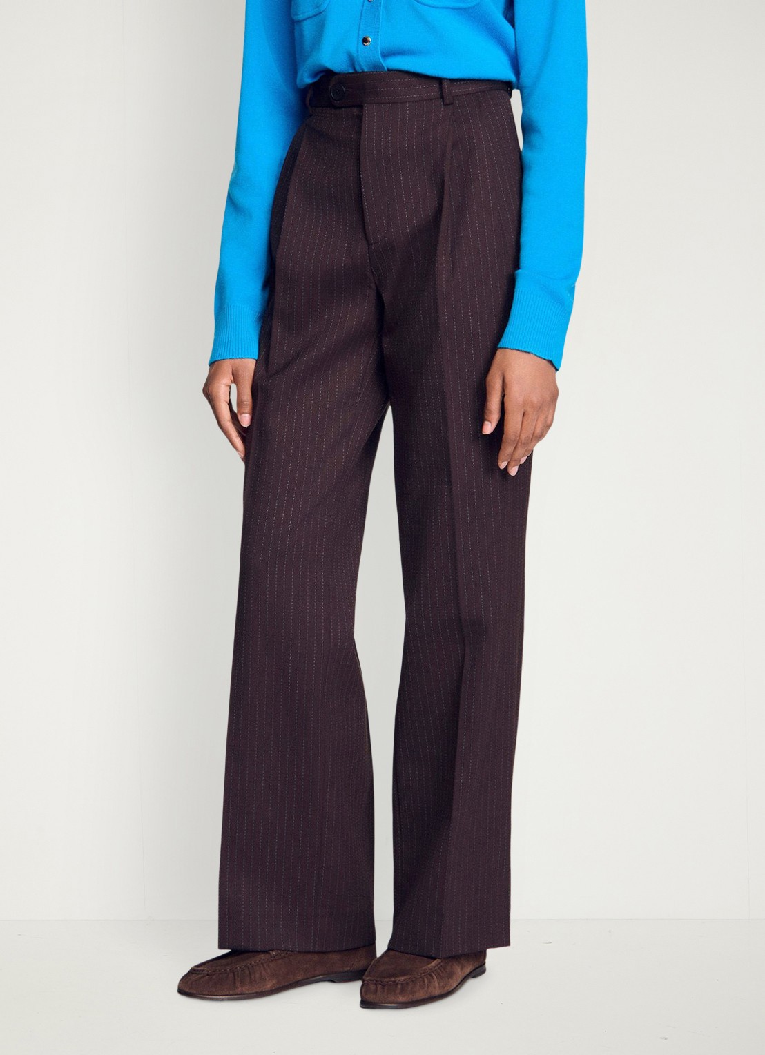 Sandro High waist wide fit pantalon in scheerwolblend met krijtstreep - detail 3 bruin / blauw