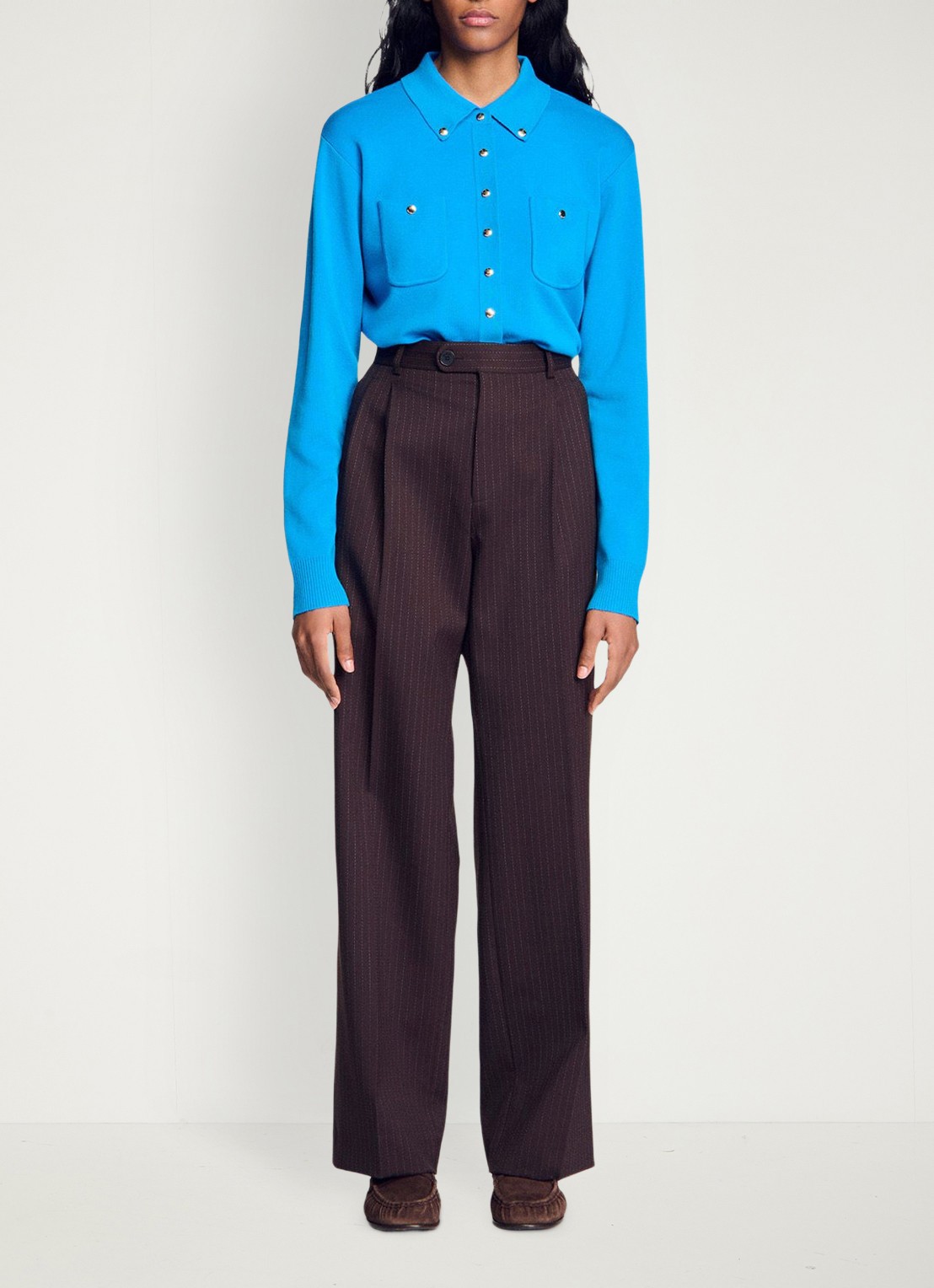 Sandro High waist wide fit pantalon in scheerwolblend met krijtstreep - detail 4 bruin / blauw