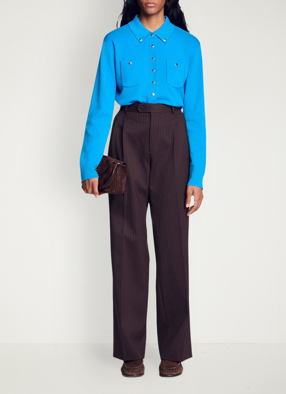 Sandro High waist wide fit pantalon in scheerwolblend met krijtstreep - voorkant 2 bruin / blauw